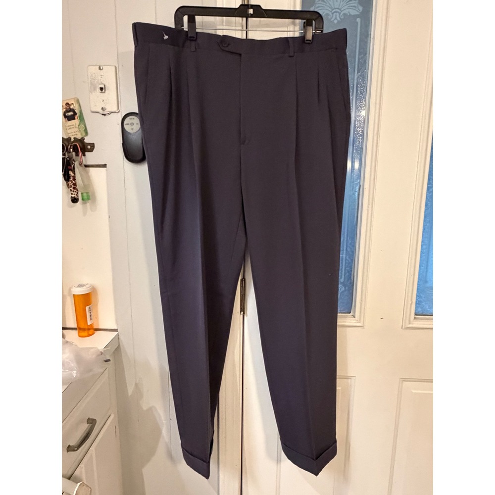 Vintage Burberrys Mens Pleated Dress Pants Navy Blue Cuffed Wool Trousers 38x31